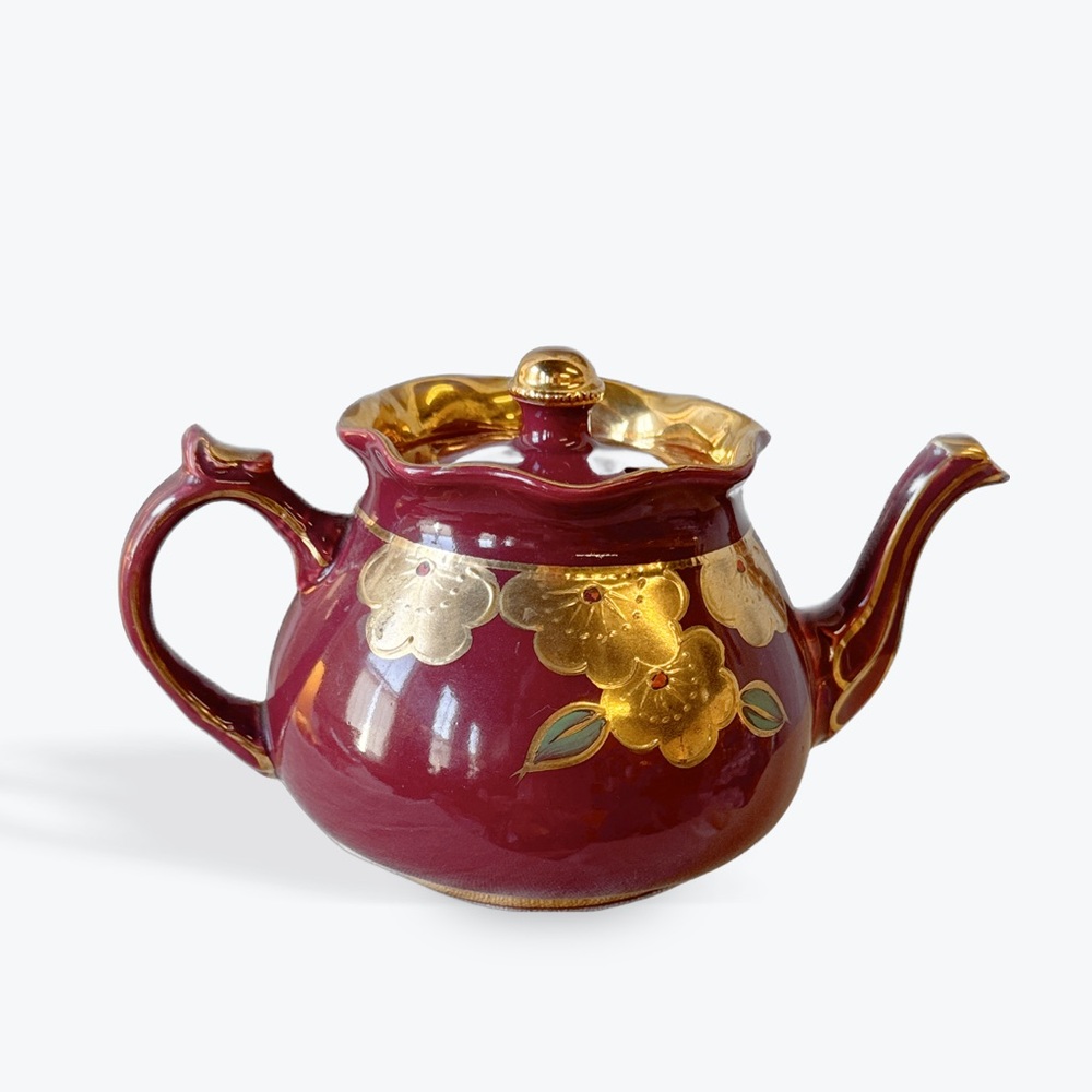 Elegant Burgundy and Gold Floral Teapot